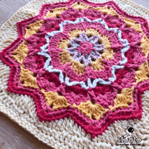 Star Flower Granny Square round 9 to 13 alternative designs for more texture.
