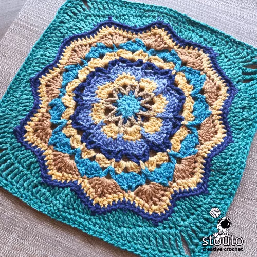 Finished Star Flower Granny Square crochet pattern in a 9 inch floral block