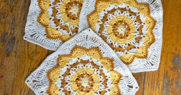 Star shaped yellow crochet flower blanket squares