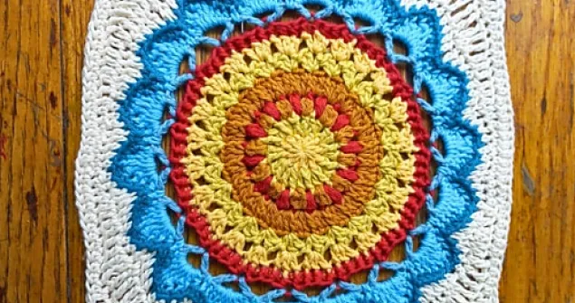 New Age Daisy crochet modern flower square PDF pattern with step-by-step written instructions and detailed photo tutorial