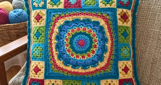 Flower and Squares crochet pillow pattern with colourful floral centre and granny squares